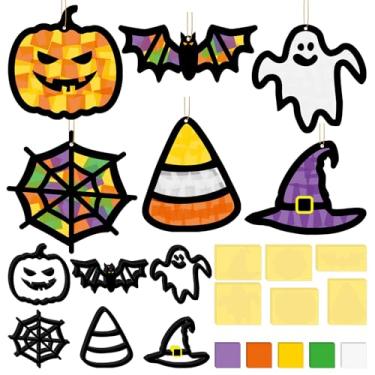 Imagem de 24 conjuntos de kit de artesanato de papel de placa de papel de Halloween, morcego, abóbora, chapéu de bruxa, teia de aranha, apanhador de sol, artesanato, Halloween, faça você mesmo, enfeites de