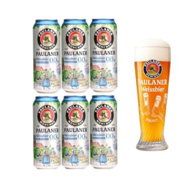Imagem de Kit 6 Cervejas Paulaner Weiss Zero Álcool Lata 500ml + Copo Prost