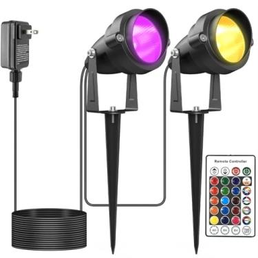 Imagem de yoosuml Holofotes de Halloween com temporizador, luzes de jardim ao ar livre RGBW coloridas 10 W luzes de paisagem IP65 à prova d'água caixa de metal suporte cravado para jardim, quintal, gramado