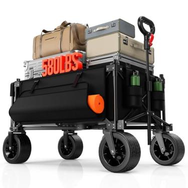 Imagem de Carroça dobrável dobrável com porta traseira estendida, carrinhos de 150 L e 158 kg dobráveis com rodas todo-o-terreno, bolso lateral e freios, carrinho de vagão de praia resistente para acampamento