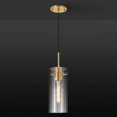 Imagem de FEAZAC Luminárias pendentes douradas, iluminação pendente moderna com sombra de vidro listrado transparente, 1 luminária pendente ilha de cozinha, iluminação pendente de fazenda para sala de jantar