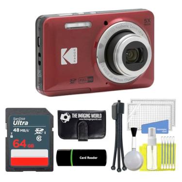 Imagem de Câmera digital Kodak PIXPRO FZ55 vermelha de 16 MP, zoom óptico de 5x, ângulo amplo de 28 mm, 1080p, câmera LCD Full HD de 2,7 polegadas + cartão e leitor de 64 GB + carteira de memória + tripé +
