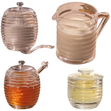 Imagem de Kit Açucareiro, Meleira, Leiteira e Manteigueira em Vidro Design Colmeia Elegante p/ Mesa Posta Café Manhã Sofisticado Resistentes e Decorativos 4 Peças