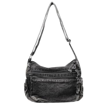 Imagem de LEESION Bolsa jeans feminina bolsa jeans bolsa de ombro bolsa transversal retrô moderna para uso diário e viagens, Preto C, Large