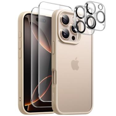 Imagem de JETech 5 em 1 Capa Fosca para iPhone 16 Pro 6,3 Polegadas com 2 Película Protetores de Tela de Vidro Temperado e Protetor de Lente de Câmera, Case Capinha Traseira Translúcida (Titânio-Deserto)