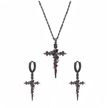 Imagem de IQIC Conjunto de colar de brincos de espada de cruz gótica para mulheres preto prata declaração rosa sangue espada cruz brincos gargantilha estilo escuro joia gótica presente, Large, Cobre, Sem Pedra