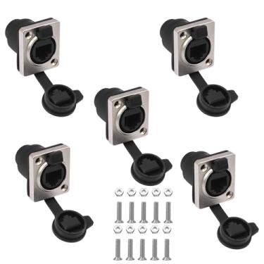 Imagem de 5 peças de montagem em painel RJ45 IP65 à prova d'água painel de sinal PCB Cat5/5e/6 8P8C conector de cabo Ethernet LAN adaptador de acoplador de cabeça dupla fêmea para fêmea com tampa à prova d'água