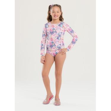 Imagem de Conjunto Biquíni Infantil Menina Rosa Blusa Manga Longa e Calcinha Con