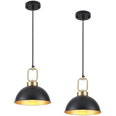 Imagem de Luzes pendentes pretas ilha de cozinha, luminária pendente de cúpula de metal de 26 cm, luminária pendente de casa de fazenda industrial vintage para ilha de cozinha, sala de jantar, café, bar, pacote