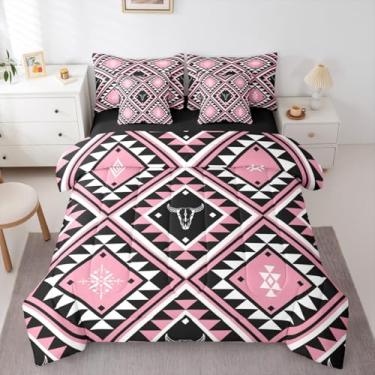 Imagem de Erosebridal Conjunto de edredom rústico do sudoeste, solteiro, boêmio, rosa, asteca, para meninas adolescentes, touro, caveira, faroeste, tribal, boêmio, conjunto de lençol em uma bolsa, geométrico