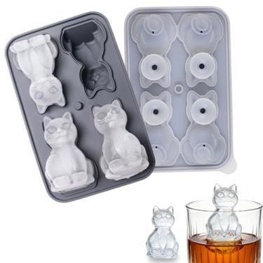 Imagem de Molde de cubo de gelo 3D para gatos, bandeja de gelo preta para freezer, bandeja de gelo de silicone reutilizável com 4 cavidades, molde de gelo de coquetel de uísque para suprimentos de festa de