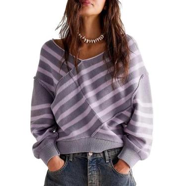 Imagem de Suéter feminino HYLLGUD, listrado, colorido, tricotado em roxo claro