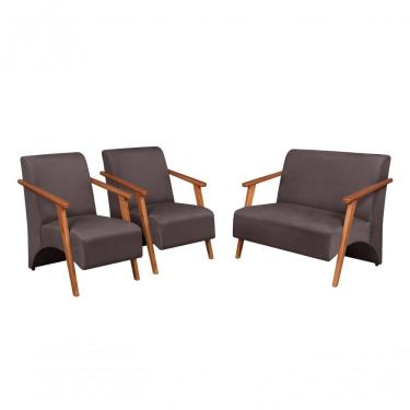 Imagem de Conjunto Venus Braços Em Madeira Maciça 1 Namoradeira 2 Poltronas Suede Unidecor Marrom