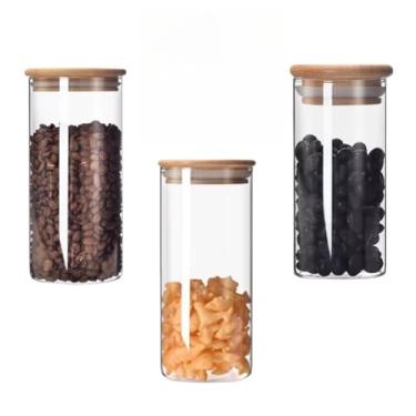 Imagem de Kit 3 Potes De Vidro Hermético Tampa Bambu Alimentos Cereais Feijão Mantimentos(3 Potes - 800ml)