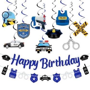 Imagem de Zwiebeco Faixa azul preta prata polícia feliz aniversário estamparia papel pendurado redemoinhos guirlanda decorações de festa para meninos meninas crianças mulheres homens adultos polícia tema