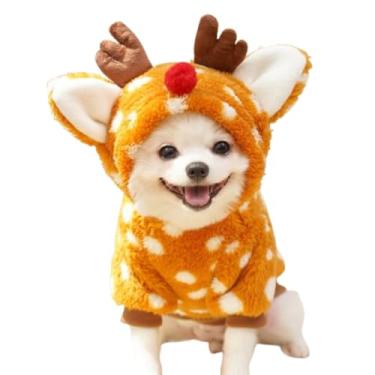 Imagem de Anelekor Roupa de Natal para cães com chifres divertida de rena de cachorro de lã com capuz para animais de estimação pequenos roupas de gato de inverno fantasia de alce para gatinho chihuahua yorkie