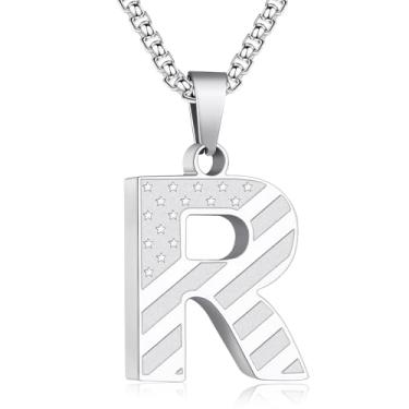 Imagem de Zocomi Colar com pingente de inicial da bandeira americana para homens e meninos, corrente de aço inoxidável 316L A-Z caixa de letras 50 + 5 cm joias presentes, Aço inoxidável, Sem Pedra Preciosa