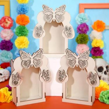 Imagem de Pinkunn 3 peças grandes Dia De Los Muertos Altar Box Ofrenda, madeira compensada de álamo autopintura colorida monarca papel picado o dia dos mortos suprimentos para decorações Dia De Los Muertos
