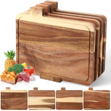 Imagem de LemonRoad Pacote com 4 tábuas de corte de madeira de 29 cm C x 24 cm L com suporte, conjunto de tábua de cortar madeira de acácia com ícones de alimentos e sulco de suco, ideal para carne, peixe, pão