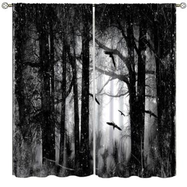 Imagem de Cortinas de floresta gótica, cortinas blecaute de floresta fantasma misterioso nebuloso, festa de Halloween, árvores mortas, teias de aranha para quarto, sala de estar, conjunto de 2 painéis, 106 x