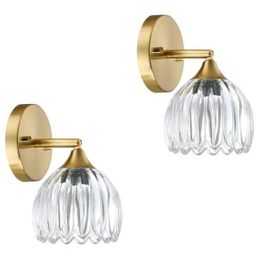 Imagem de SEENMING HOUSE Pacote com 2 1 arandelas de parede vintage de tulipa de vidro transparente abajur com fio moderno dourado para porta de cabeceira e quarto