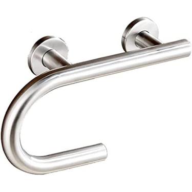 Imagem de QLDFX Corrimão de escada para banheiro barra de apoio segura para banheiro aço inoxidável curvado com suporte de papel higiênico montado na parede corrimão de banheira 25 × 17 cm haste de suporte para