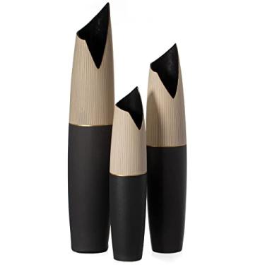 Imagem de Parte superior listrada de bolinhas bege amêndoa, fundo preto, decorativo, moderno, redondo, independente, formato único, vaso alto, suporte para flores e ramos, conjunto de 3