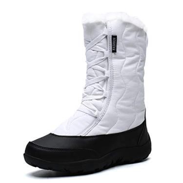 Imagem de Bigfanshu Botas femininas na altura do joelho com salto impermeável para neve ao ar livre sapatos de algodão tubo quente esqui plus veludo, Branco, 38 M EU