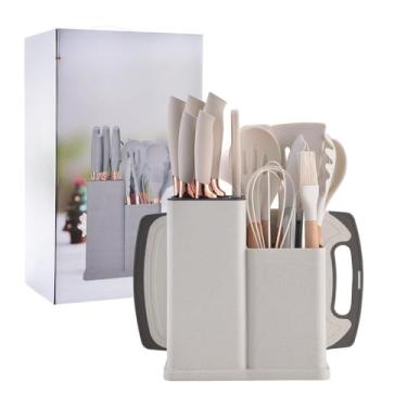 Imagem de Kit Conjunto19 Pçs De Utensílios Facas Silicone Cozinha Jogo Completo Batedeira Colher Pegador -R9(branco/kit 19)