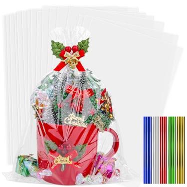 Imagem de Yeumk Sacos de celofane planos transparentes de 28 x 35 cm com laços dourados (transparente - 28 x 35 cm - 100 peças)