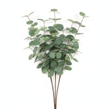 Imagem de ICEANAQ 5 peças de hastes artificiais de eucalipto, folha de toque real, decoração de casa, festa de casamento, 58 cm de altura, folhas falsas e flores (verde)
