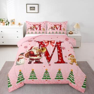 Imagem de Feelyou Conjunto de edredom de Natal rosa, solteiro, com laço de Natal, boneco de neve, floco de neve, papai noel, para crianças, meninos, meninas, edredom personalizado, inicial M, 2 peças com 1