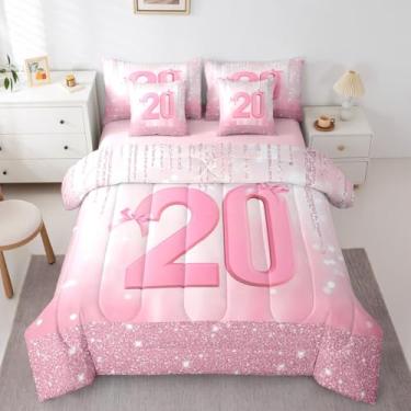 Imagem de Feelyou Conjunto de edredom com laço rosa com 7 peças, tamanho solteiro, número 20, para crianças, meninos, meninas, princesa, glitter, para decoração de quarto de aniversário, microfibra leve e macia