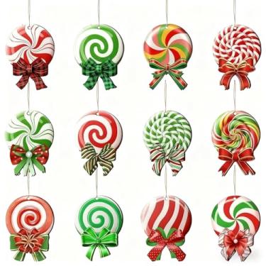 Imagem de (12 peças) Conjunto de enfeites de madeira 2D de bengala doce de Natal com cordão para pendurar para árvore de Natal, casa, festa, ambientes internos