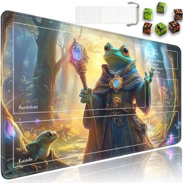 Imagem de for MTG Playmat with Zones, for TCG Playmat and Board Game Mat with Storage Bag and 6 Dice, 24x14in Non-Slip for MTG Mat, Frog Wizard Pattern Magic Trading Card Mat Mousepad