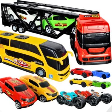 Imagem de Kit Caminhão Cegonha Ônibus 13 Peças Carrinhos Moto Brinquedo Menino Infantil