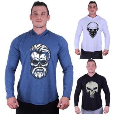 Imagem de Kit 3 Camisetas Manga Longa com Touca Longline Estampada Treino Academia Lazer Casual-Masculino