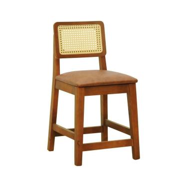 Imagem de Banqueta Baixa-cadeira Gabi Madeira Maciça Encosto Telinha - Amêndoa Assento Estofado Corano Marrom Mescla