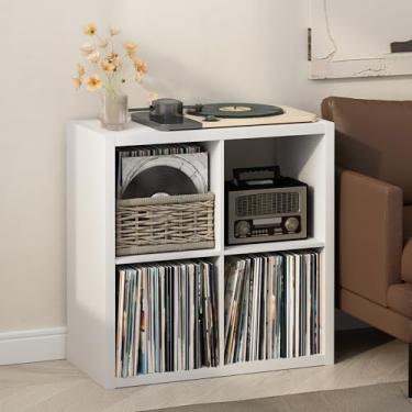 Imagem de Furinno Suporte para toca-discos de cubículo com armazenamento de vinil, 4 cubos 1,2 armazenamento de discos de vinil extra grosso, prateleira de mídia aberta para CD DVD Blueray Game Disc, para sala
