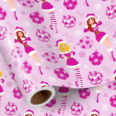 Imagem de RUSPEPA Disco Girl Rolo de Papel de Embrulho de Natal, Mini Rolo, Rosa Papai Noel, Ho Ho Ho, Enfeites de Natal e Design de Floco de Neve, Embrulho de Presente Divertido para Festa de Férias, 43 cm x