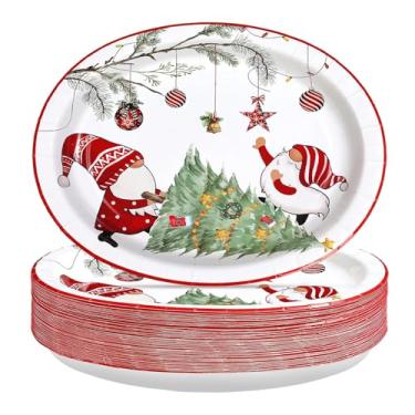 Imagem de Greencian 50 peças de pratos ovais de Natal de 25,4 x 30,5 cm, pratos grandes de gnomos de Natal, descartáveis, bolas de árvore, pratos, utensílios de mesa, para decoração de Natal, inverno, festas de