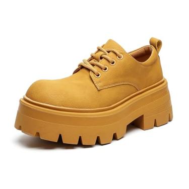 Imagem de Sapato Oxford masculino plataforma de couro – sapatos clássicos de bico redondo com cadarço – confortável antiderrapante sola de salto grosso, sapatos Derby elevados, Amarelo, 38