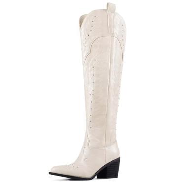 Imagem de GPXGPX Botas femininas de cowboy bordadas acima do joelho, botas ocidentais, panturrilha, salto grosso, bico fino, cano alto, botas de equitação cowgirl, Branco, 39