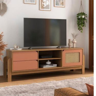 Imagem de Rack Sala Tv 65 Nature C/ Gavetas Prateleiras E Porta Carvalho/ Terracota/ Palha