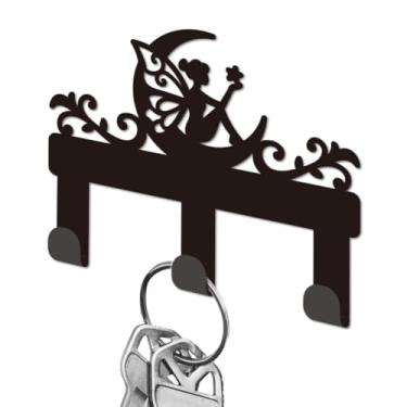Imagem de DELORIGIN Suporte de chave de parede de fada da lua, ganchos de ferro preto montado na parede, bonito cabide de chaves com 3 ganchos, porta-chaves de casa pequeno para bolsa de casa, coleira para cães