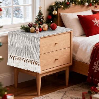 Imagem de tiosggd Caminho De Mesa Boho Curto 14 X 36", Rústico Em Preto E Creme, Cachecol Para Quarto, Criado-Mudo, Lateral, Capa Café Tecido, Decoração Casa Primavera-Verão Com Borla