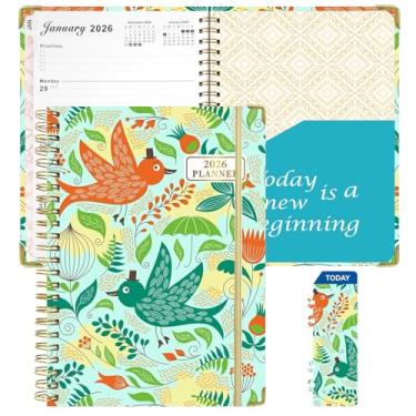 Imagem de Planejador semanal mensal 2026 - janeiro de 2026 - dezembro com abas mensais + contatos + calendários + feriados + bolso, 15,7 cm x 21,6 cm agenda de encadernação com fio duplo - Pássaro