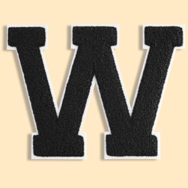 Imagem de QianSiLi Remendos de letras universitárias de chenille preto de 11 cm, letras grandes para jaquetas Letterman, moletons com capuz, mochilas, coletes, roupas, adesivos individuais de letra W
