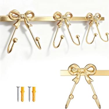 Imagem de Singring Gancho de laço dourado, ganchos decorativos de parede com laços triplos para toalha, roupão, casaco, 3 ganchos de metal, suporte de parede para decoração de quarto