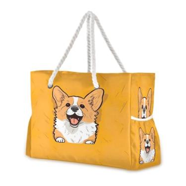 Imagem de Wassud Bolsa de praia fofa Corgi grande bolsa de praia para mulheres, impermeável, à prova de areia, bolsa de viagem com zíper e bolso para piscina, academia, acampamento